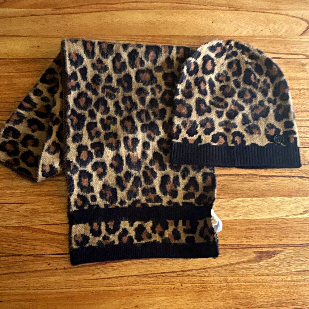 Michael Kors Women’s Leopard Animal Print Knit Beanie Hat & Scarf Set 2pc
